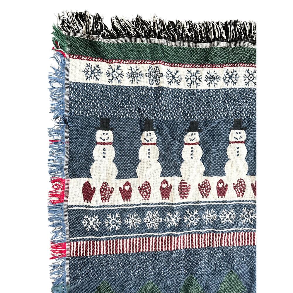 Crown Crafts Cotton USA Snowman Fair Isle Winter Theme Tapestry Blanket Fringe - Picture 2 of 8